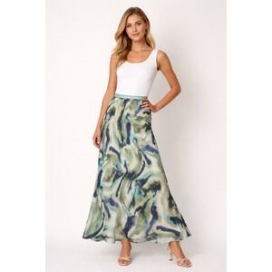 Yest The Netherlands Womens Abstract Watercolor Maxi Skirt Teal Navy Green Sz 4